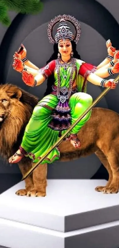 Vibrant depiction of goddess on a lion, perfect for a mobile wallpaper.