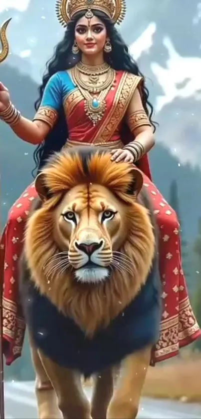 Goddess riding a lion with mountains in background, mobile wallpaper.