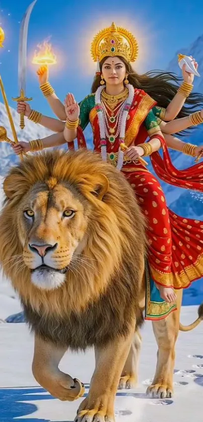 Hindu goddess riding a lion with snowy mountain background.