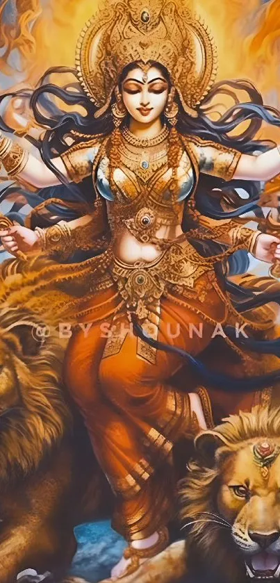 Illustration of a goddess seated with two lions in a vibrant, mythical setting.