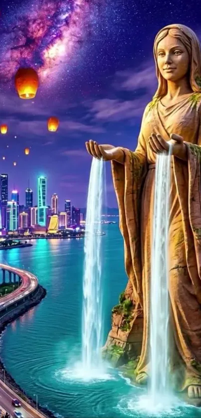Majestic goddess statue with waterfalls and cityscape at night.