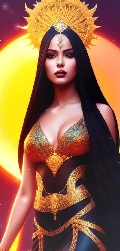 Fantasy goddess art with golden crown and glowing sun backdrop.