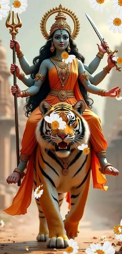 Goddess riding a tiger with flowers and vibrant colors.