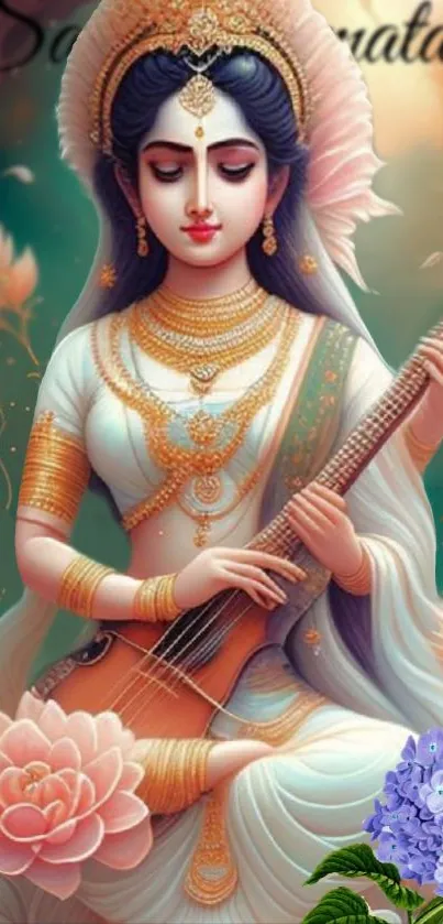 Goddess Saraswati playing veena with floral background.