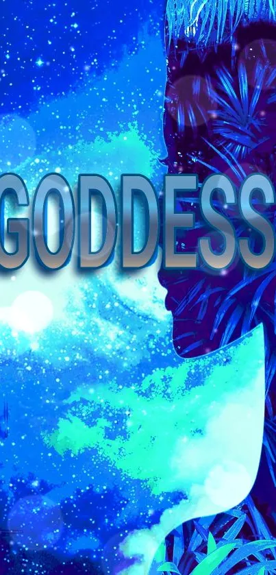 Goddess silhouette in galaxy with tropical leaves.