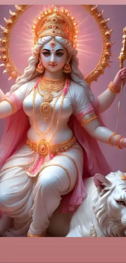 Goddess statue with pink hues and intricate details