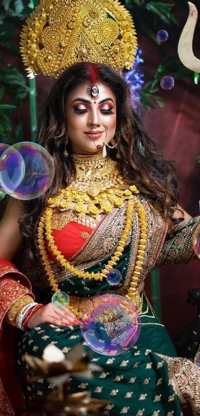 Goddess in traditional attire with gold and red elements in a vibrant setting.