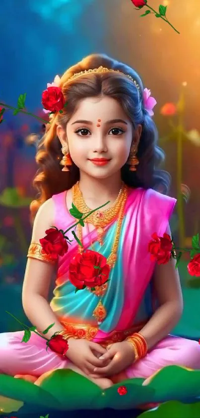 Colorful goddess-themed mobile wallpaper with roses.