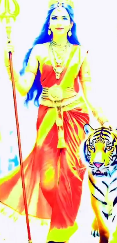 Goddess in red with tiger, vibrant design.