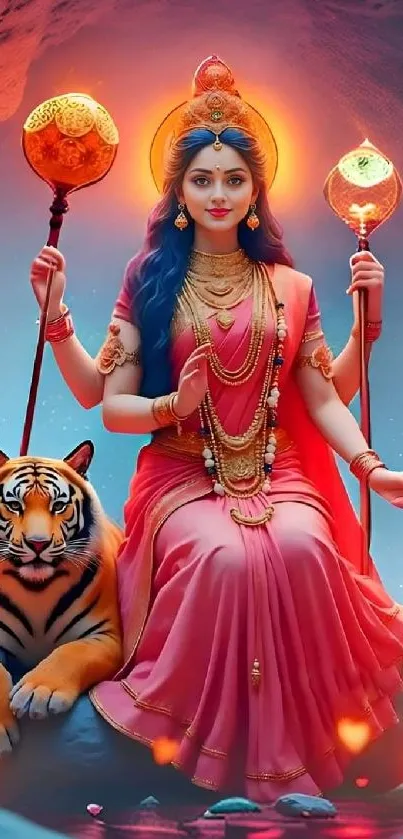 Goddess seated with a tiger, glowing aura.