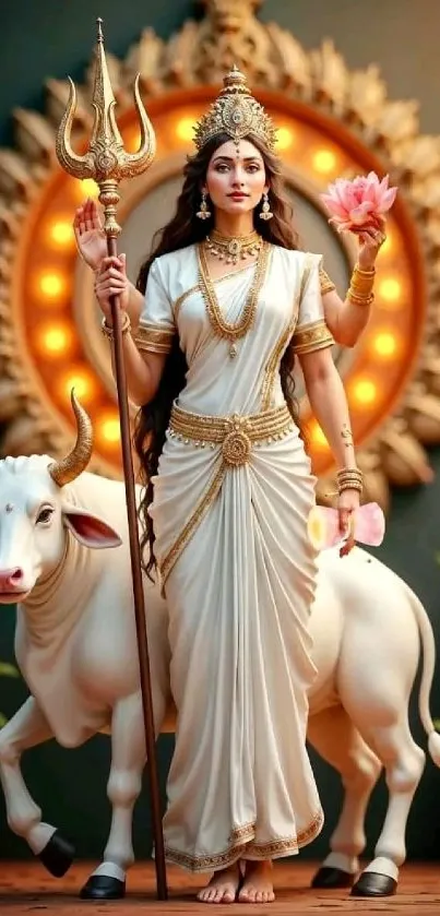 Goddess in white dress standing alongside a white bull.