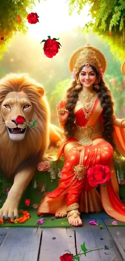 Goddess with lion in vibrant nature wallpaper.