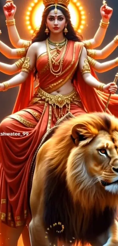A divine goddess with multiple arms riding a lion under a radiant halo.