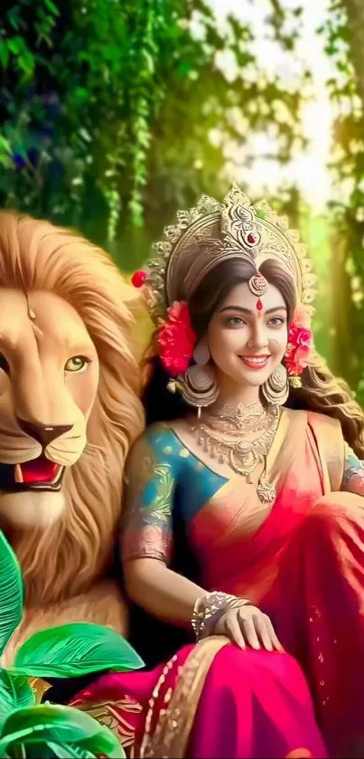 Goddess in red and gold saree with lion in lush forest setting.