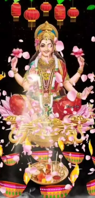 Colorful goddess with pink petals and lanterns on black background.