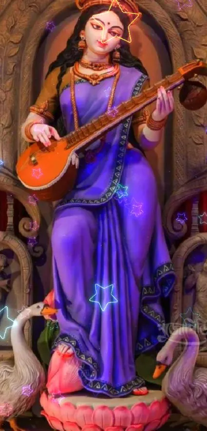 Mobile wallpaper of a goddess playing a veena with swans.