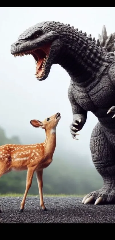 Mobile wallpaper of Godzilla and a deer in a surreal encounter.