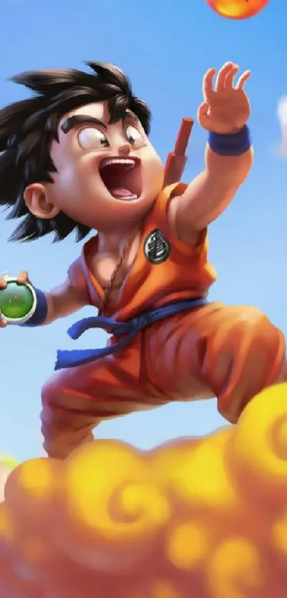 Goku on Nimbus cloud with a Dragon Ball in a vibrant sky.