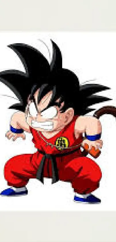 Goku in a dynamic pose on a vibrant red mobile wallpaper.