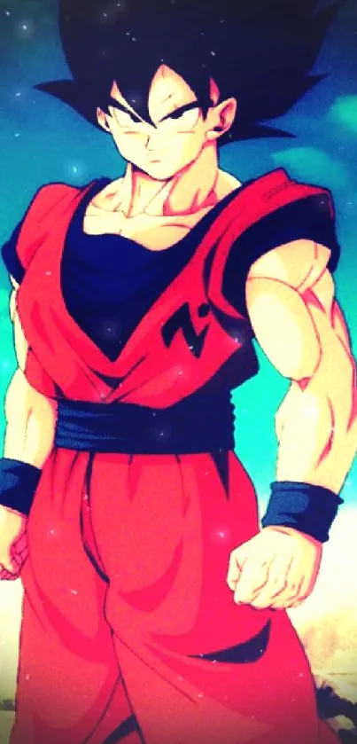 Goku anime character in red outfit stands against a vibrant sky.