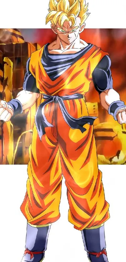 Goku in orange outfit on a fiery background from Dragon Ball Z.