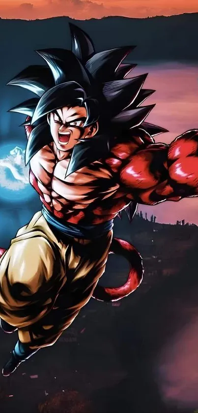 Goku in dynamic pose with energy blast, anime wallpaper.