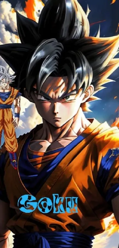 Goku in fiery pose with orange flames in a dynamic anime wallpaper.