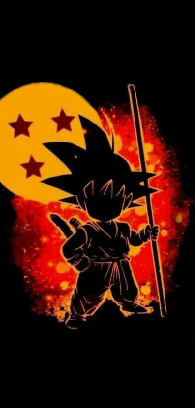 Goku silhouette with Dragon Ball in vibrant orange and red background.