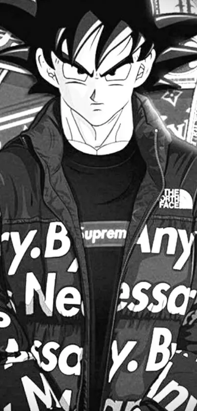 Anime character in black and white streetwear with dollar background.