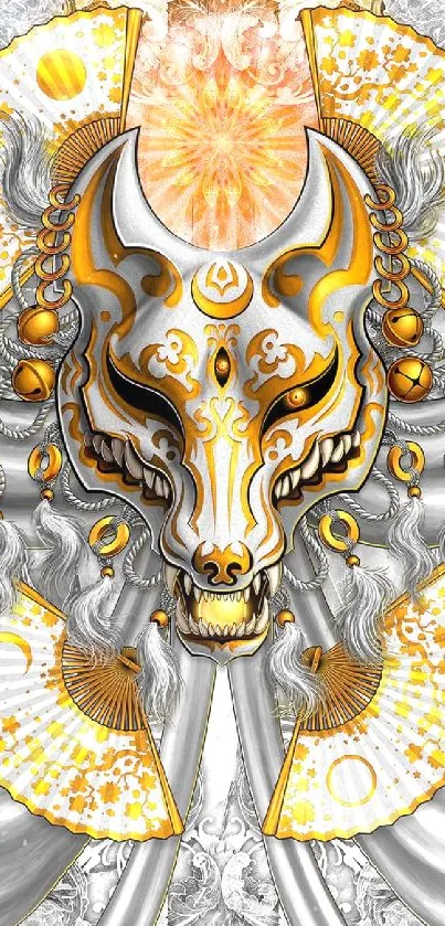 Abstract gold skull with fan details wallpaper.