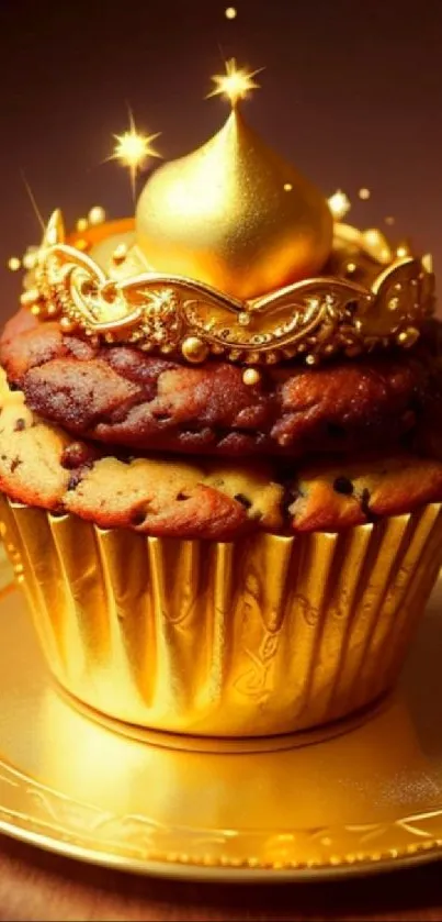 Luxurious golden cupcake with crown and sparkles, perfect for mobile wallpaper.