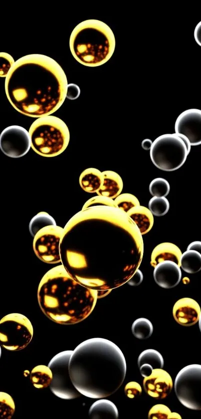 Gold and black bubble wallpaper with floating spheres on a dark background.