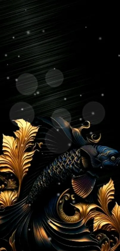 Luxurious gold and black fish wallpaper art design.