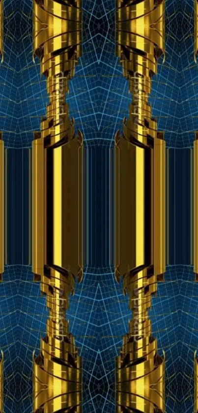 Abstract geometric gold and blue pattern wallpaper.