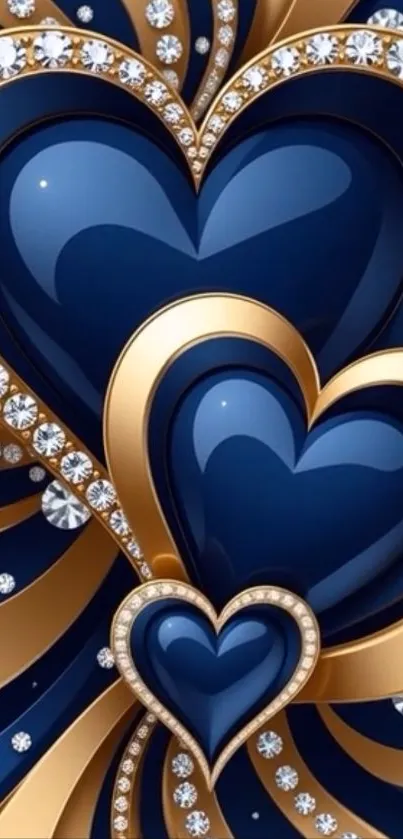Blue and gold heart wallpaper with diamonds.