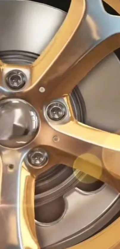 Close-up of a gold and chrome wheel with a luxurious finish.