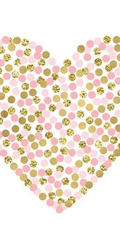 Polka dot heart with gold and pink colors on a white background.