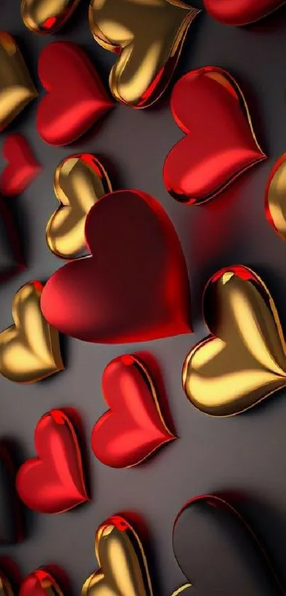 Glossy gold and red 3D hearts on dark background wallpaper.