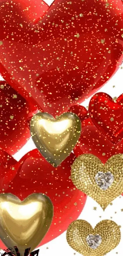 Wallpaper with gold and red hearts for romantic theme.