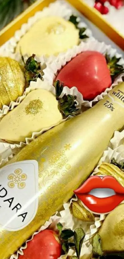 Gold wine with strawberries and chocolates in a gift box, elegant and luxurious.