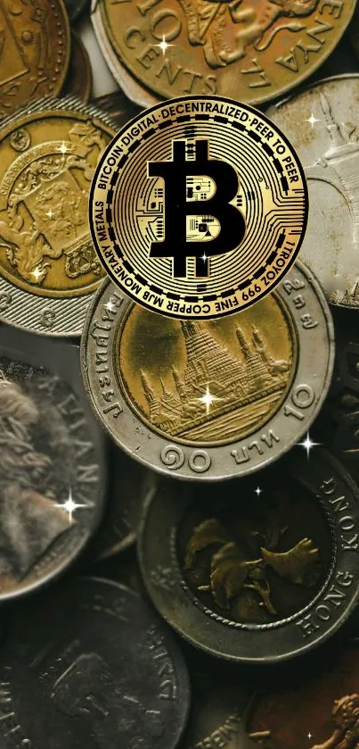 Gold and silver coins with Bitcoin logo wallpaper.