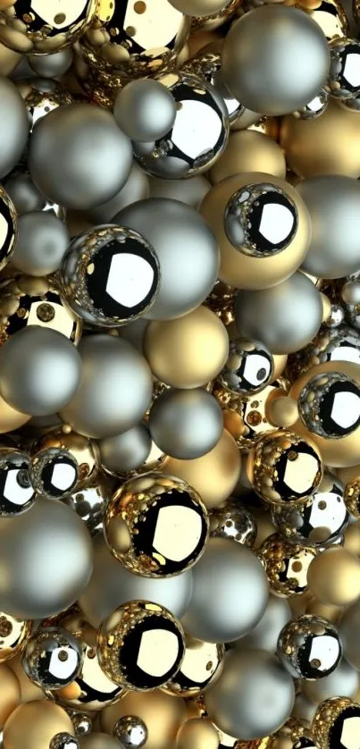 Mobile wallpaper with gold and silver spheres.