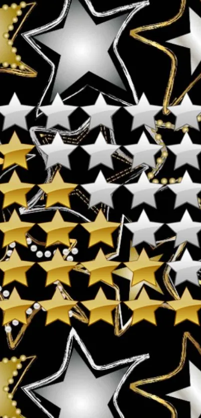 Gold and silver stars on black background, elegant phone wallpaper.