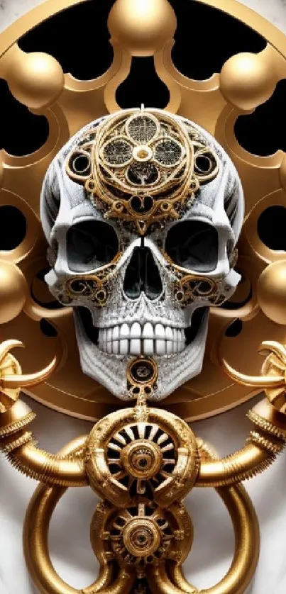 Intricate gold and skull design wallpaper with steampunk elements.