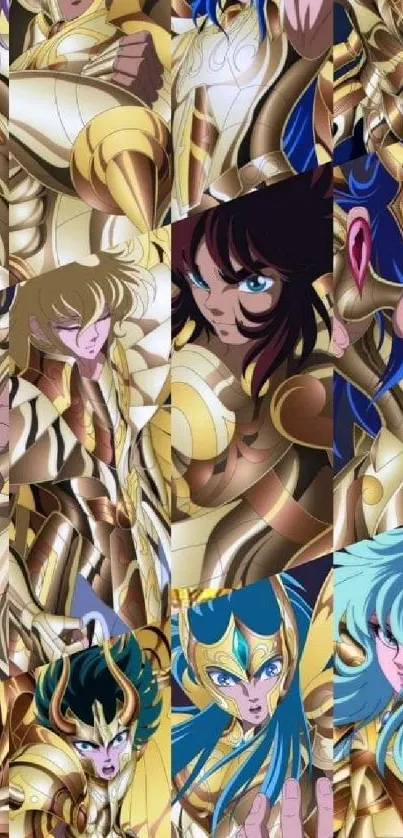 Collage of anime characters in gold armor with vibrant colors.