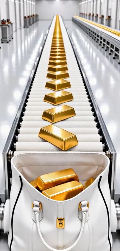 Gold bars on conveyor belt with bag.
