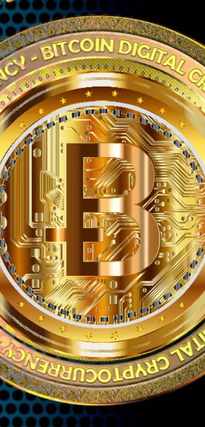 Gold Bitcoin circuit wallpaper with digital currency theme.