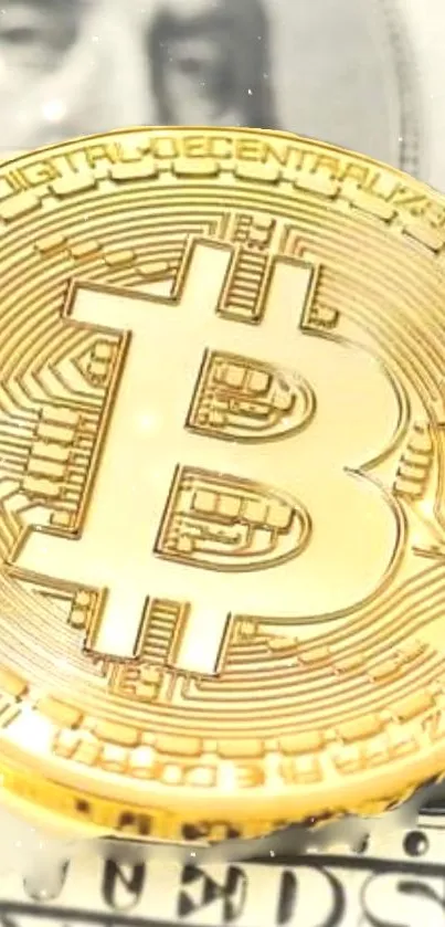 Close-up of a gold Bitcoin coin with intricate digital details.