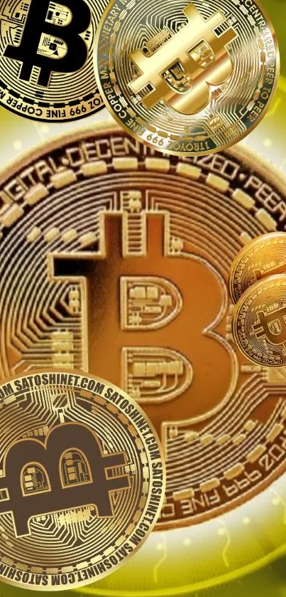 Gold Bitcoin coins on digital background, vibrant and tech-inspired design.