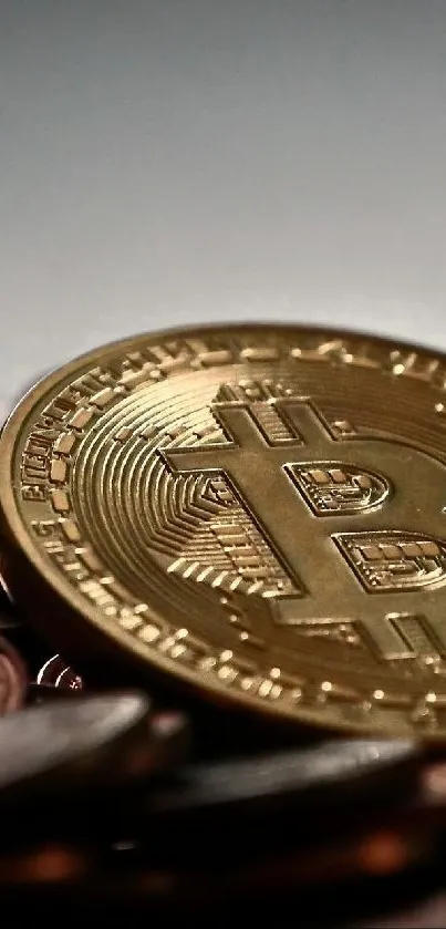 Gold Bitcoin resting on stacked coins with a sleek background.